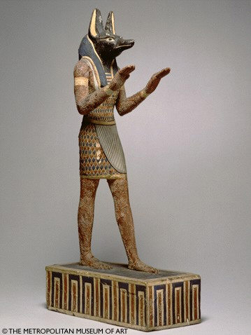 Statuette of the god Anubis, ptolemaic Period 304-30 B.C., wood with gesso and paint