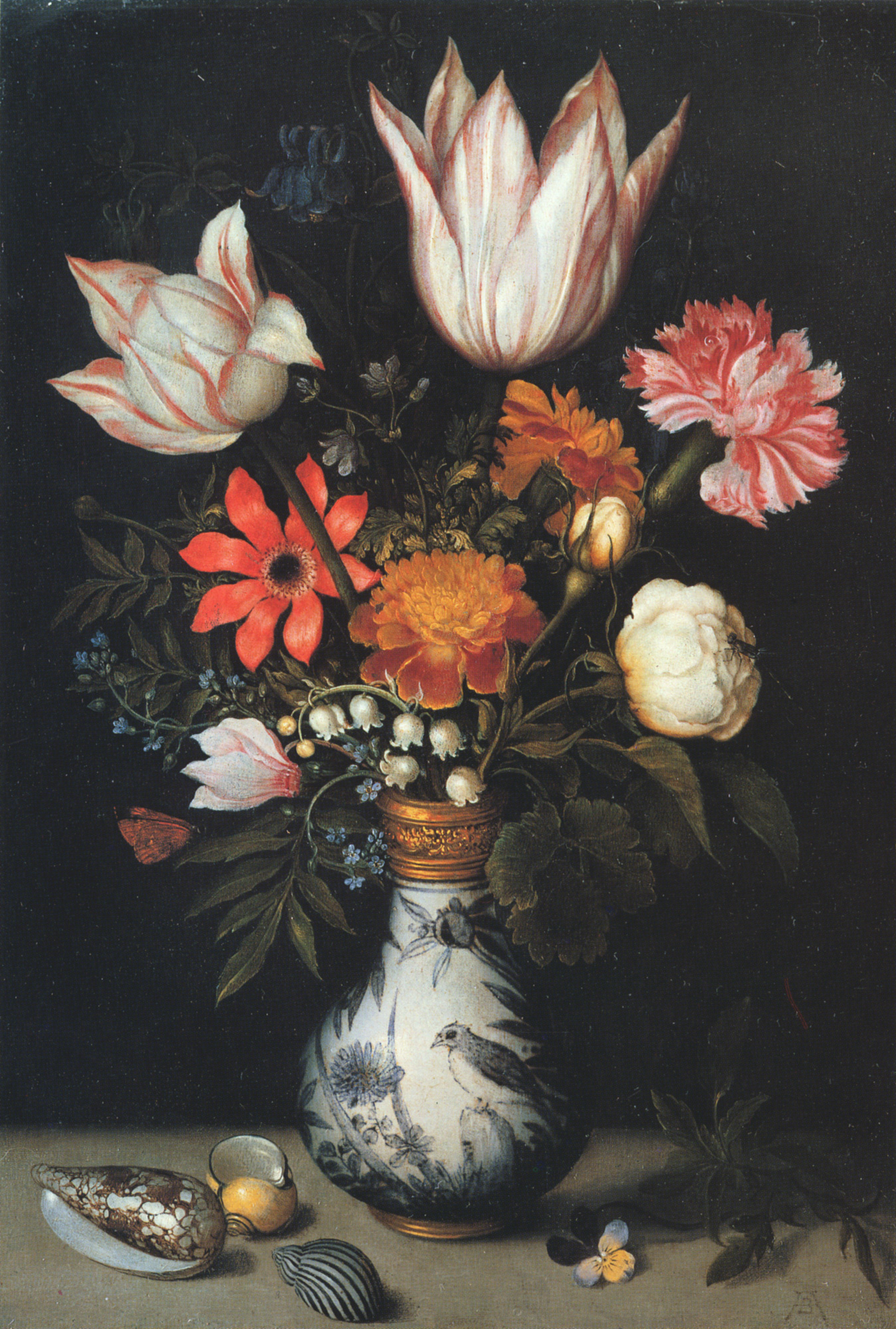 Tulips, Roses, a Pink and White Carnation, Forgets-Me-Nots, Lilly of the Valley and other Flowers in a Vase (Ambrosius Bosschaert the Elder, ca. 1619, oil on copper)