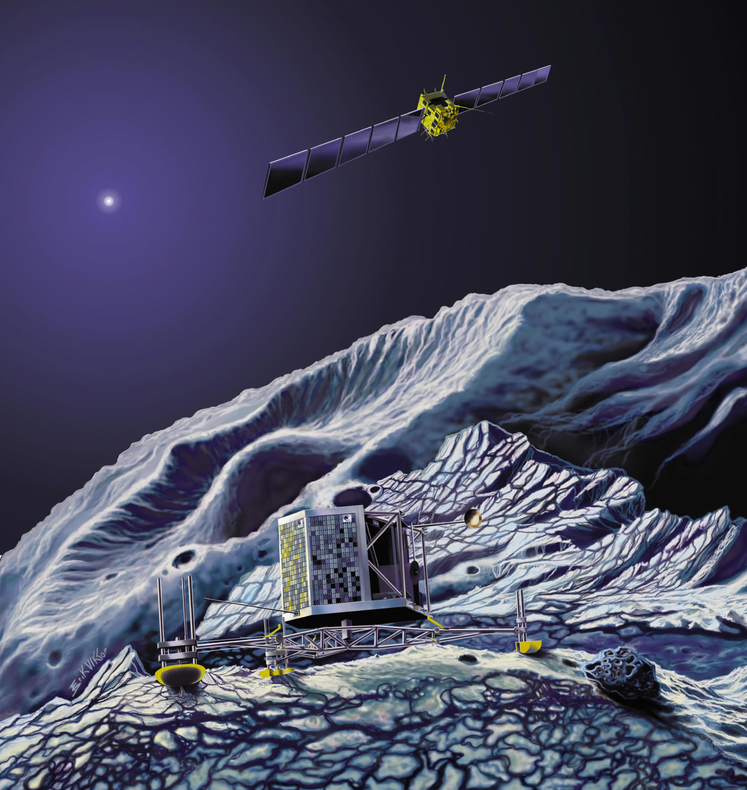 Artist's impression of the Philae landing craft, anchored by harpoons and drills to the comet's surface