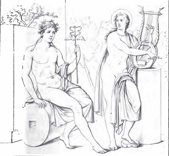 1834 drawing of an ancient Roman painting of Apollo and Mercury from Pompei