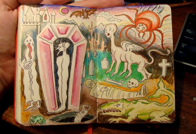 Landscape with Monsters (Wayne Ferrebee, 2015, ink and colored pencil)