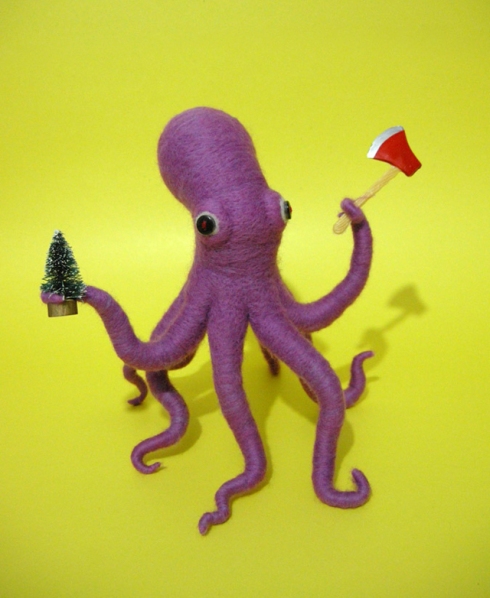 Ax Wielding Octopus (Hiné Mizushima, ca. present, needle-felted sculpture)