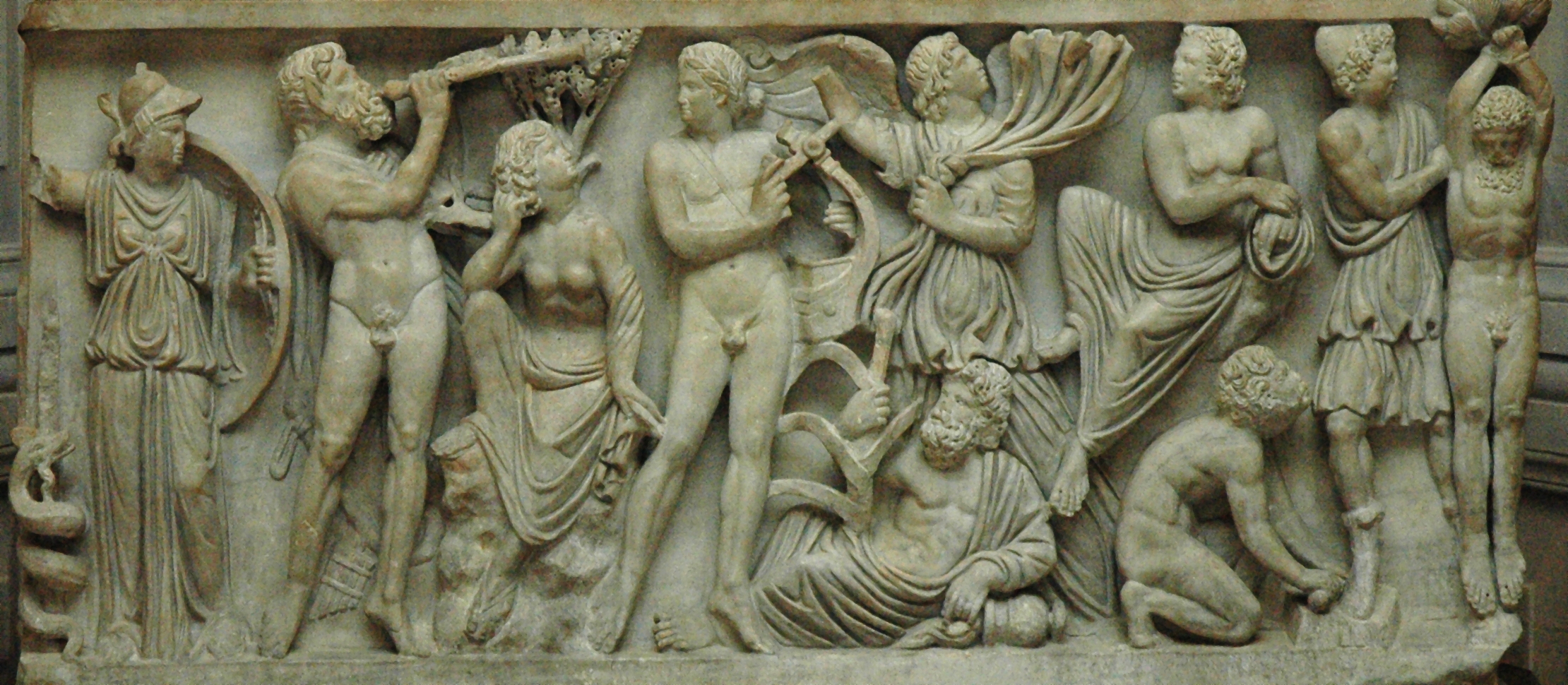 The competition between Marsyas and Apollo on a Roman sarcophagus (290–300) marble